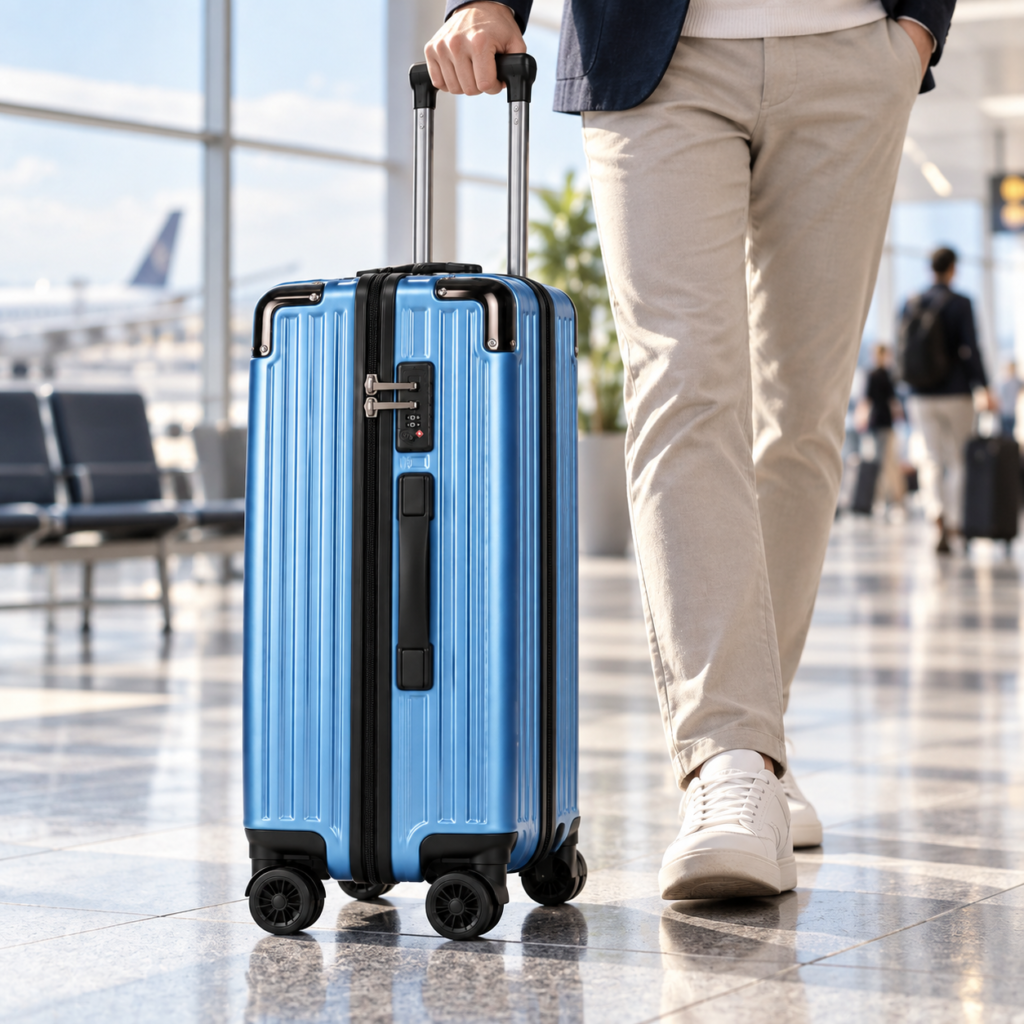 Maleta rígida azul con ruedas utilizada en un aeropuerto