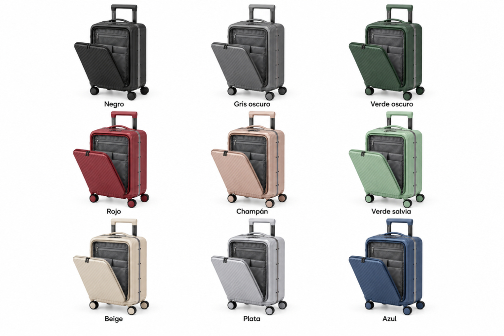 Opciones de color de maleta rígida: negro, gris, verde, rojo, champán, beige, plata y azul